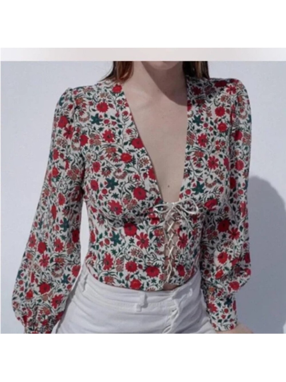 Realisation Par Bennie Top Floral Print Silk Long Sleeve Lace-up Blouse M #BAG3